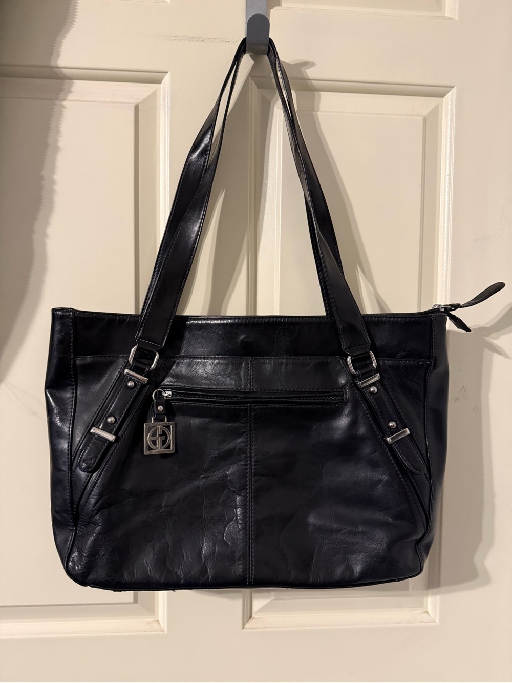 Premium Black Leather Tote with Exterior Zip Pocket and Charm